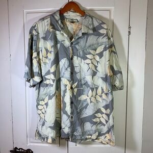 Tommy Bahama Mens XL Silk Tropical Palm Leaf Button Hawaiian Shirt Loop Collar
